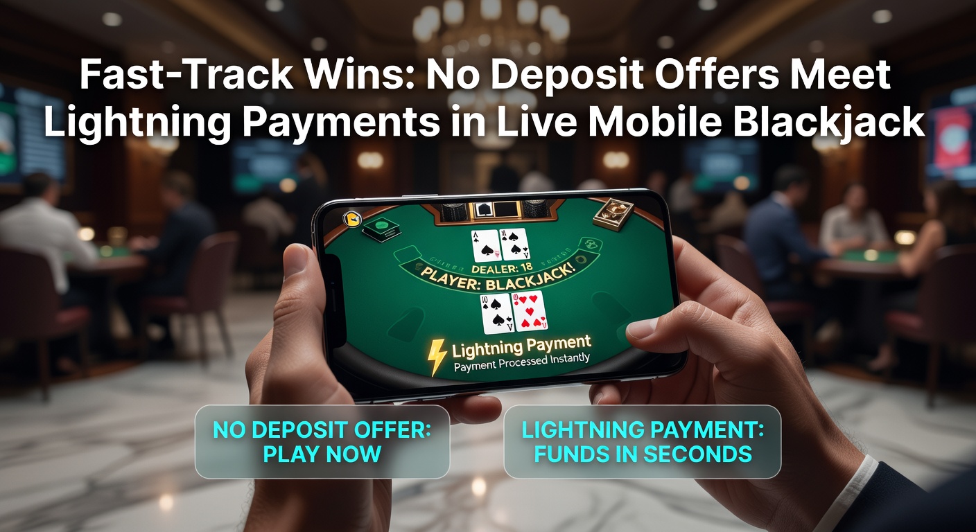 Smartphone mit Live-Blackjack-Tisch und Blitz-Symbolen für schnelle Auszahlungen sowie No-Deposit-Bonus-Icon